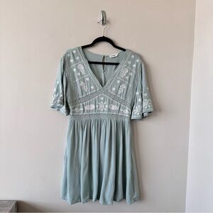 In Loom-Embroidered Teal and white Smocked waist Dress (Size:Medium)